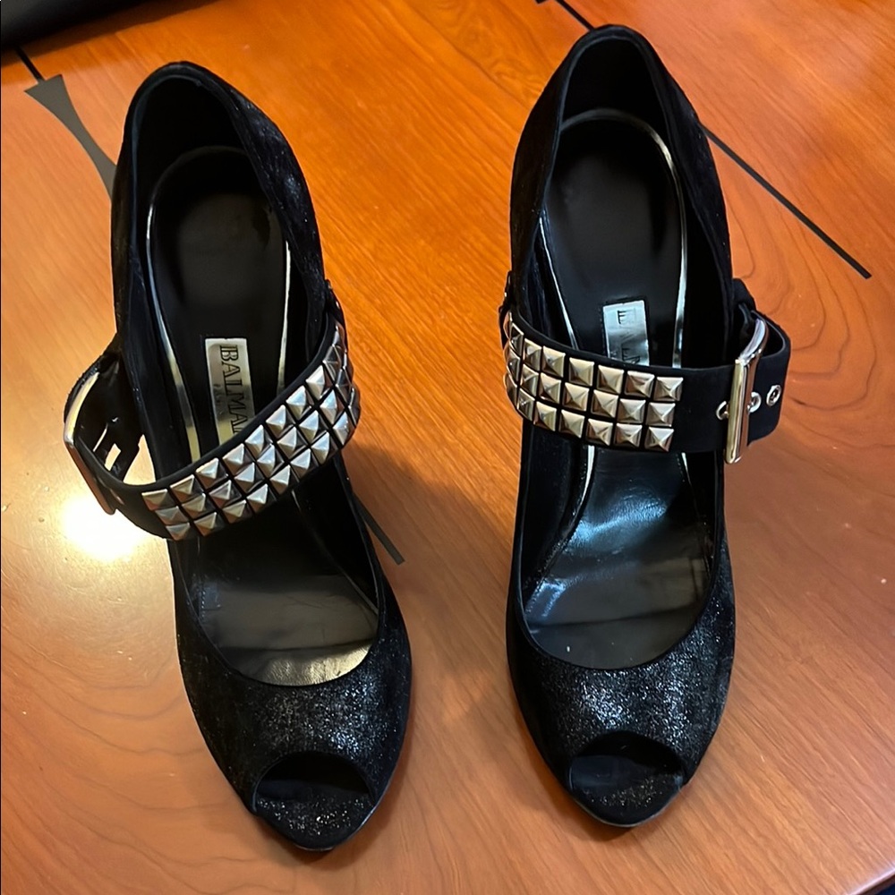 Balmain Paris Heels Shoes Black Suede w Studs. Sz Fr 42. US11